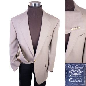 Vtg Palm Beach Gold Buttons Sz 46R/S Sport Coat Jacket Blazer Solid Beige Wool